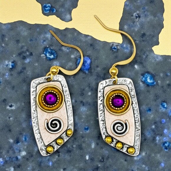 🆕️Bohemian Glam - Purple Gem & Spirals Dangle Trendy Fashion Earrings 🌈🌟 - Picture 5 of 12